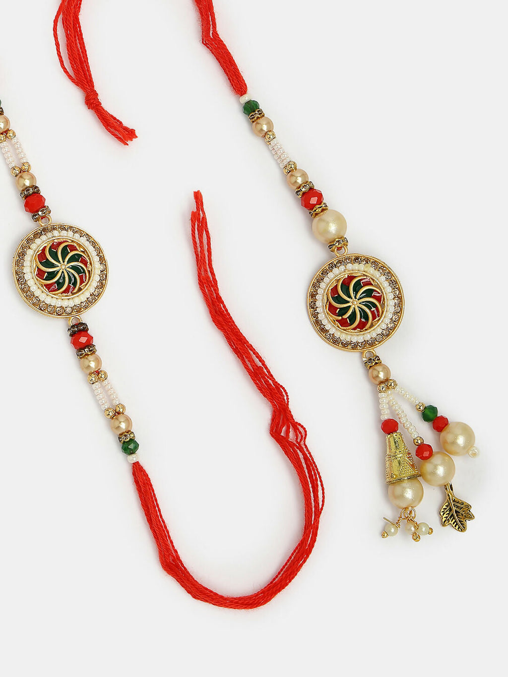 NVR Women & Men Set of 2 Gold-Toned Stone-Studded & Beaded Bhaiya Bhabi Rakhi With Roli Chawal & Chocolate