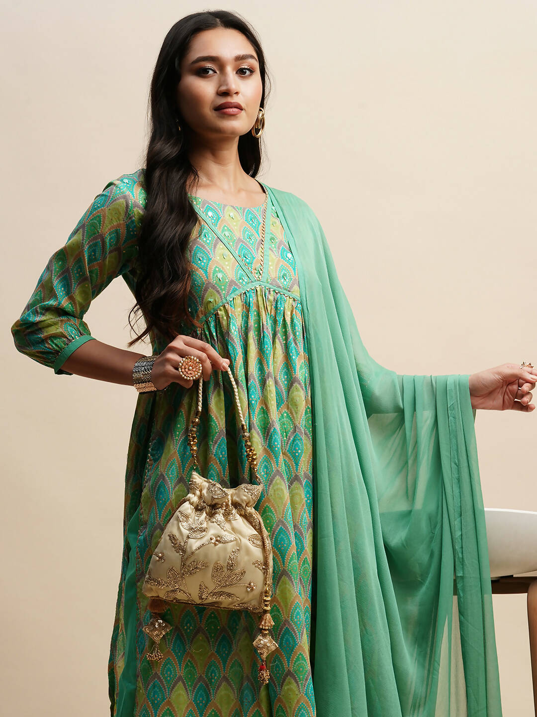 Sea Green Pure Cotton Bandhani Printed Naira Cut Kurta And Bottom With Dupatta - Akashara