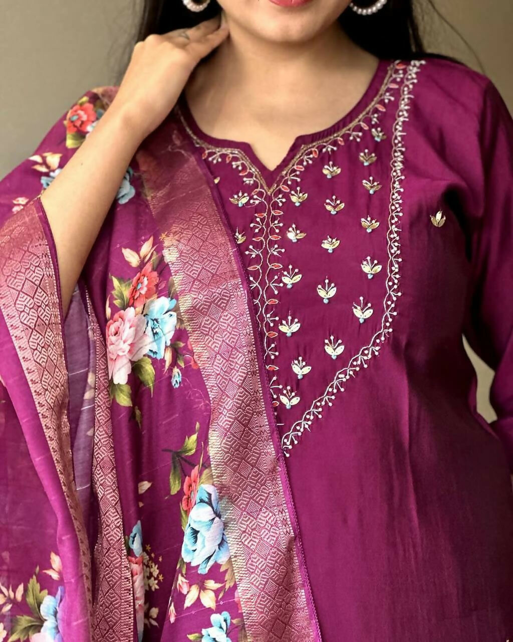 The52 Wine Women's Gorgeous Embroidered Rayon Fabric Straight Kurta Pant with Dupatta Set