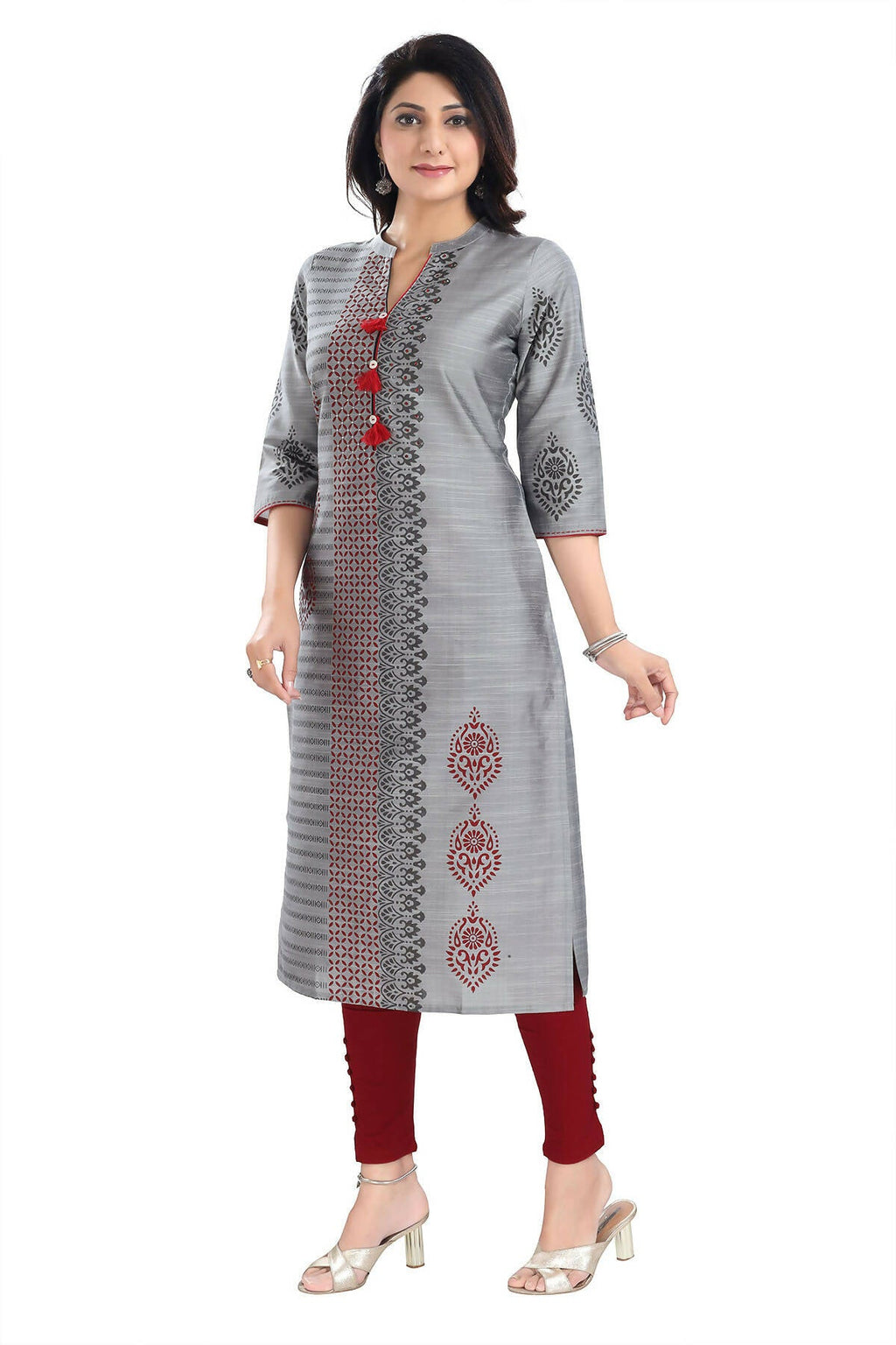 Snehal Creations Grey Raw Silk Block Print Long Kurta For Women