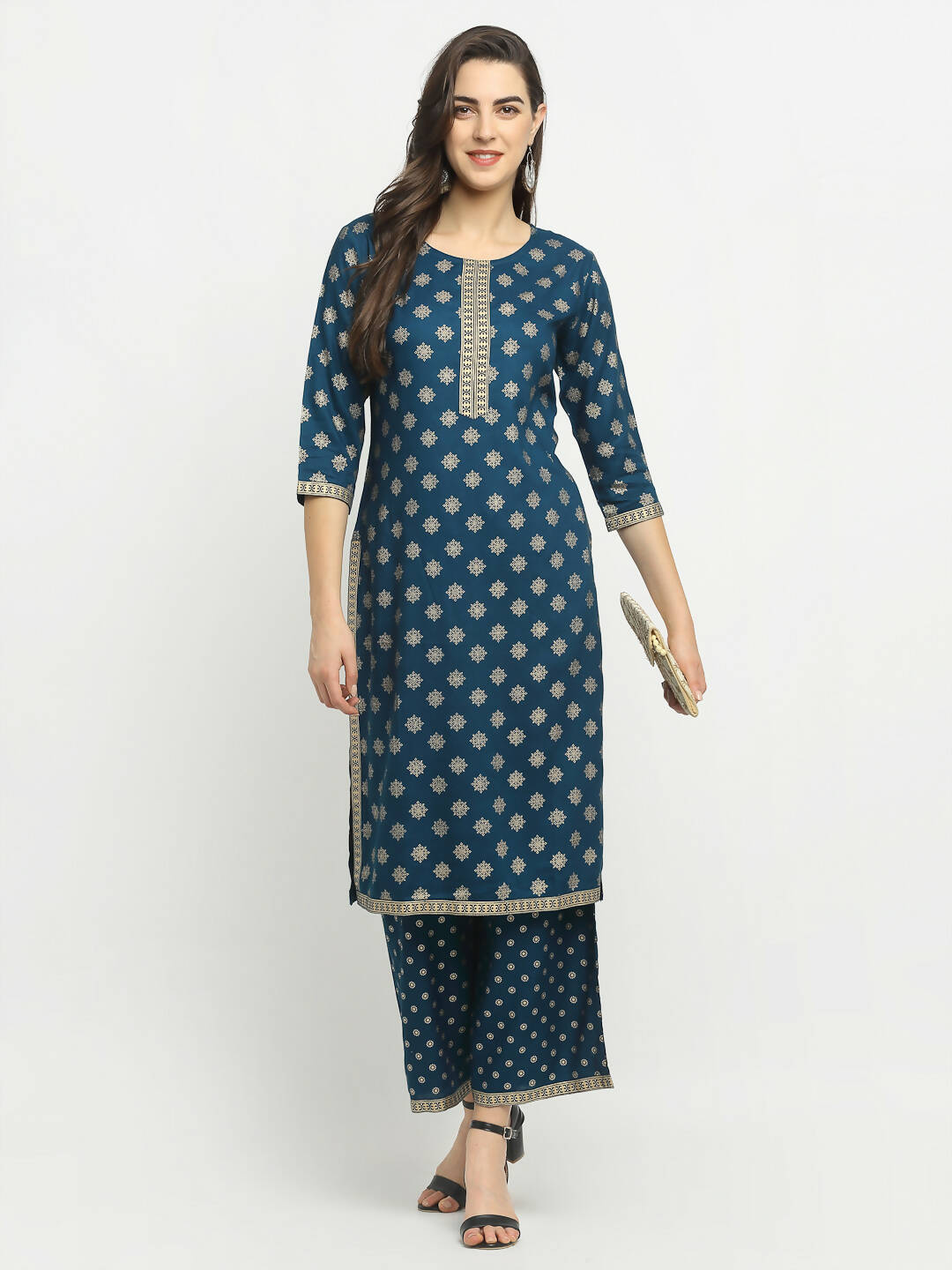 Rudra Bazaar Stright Gold Printed Kurti With Palazzo
