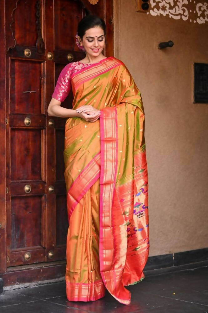 Very Much Indian Handloom Yeola Pure Silk Paithani - Dual Tone Green Pink