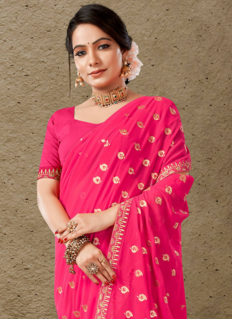 Pink Georgette Embroidered Saree with Unstitched Blouse Piece - Avika