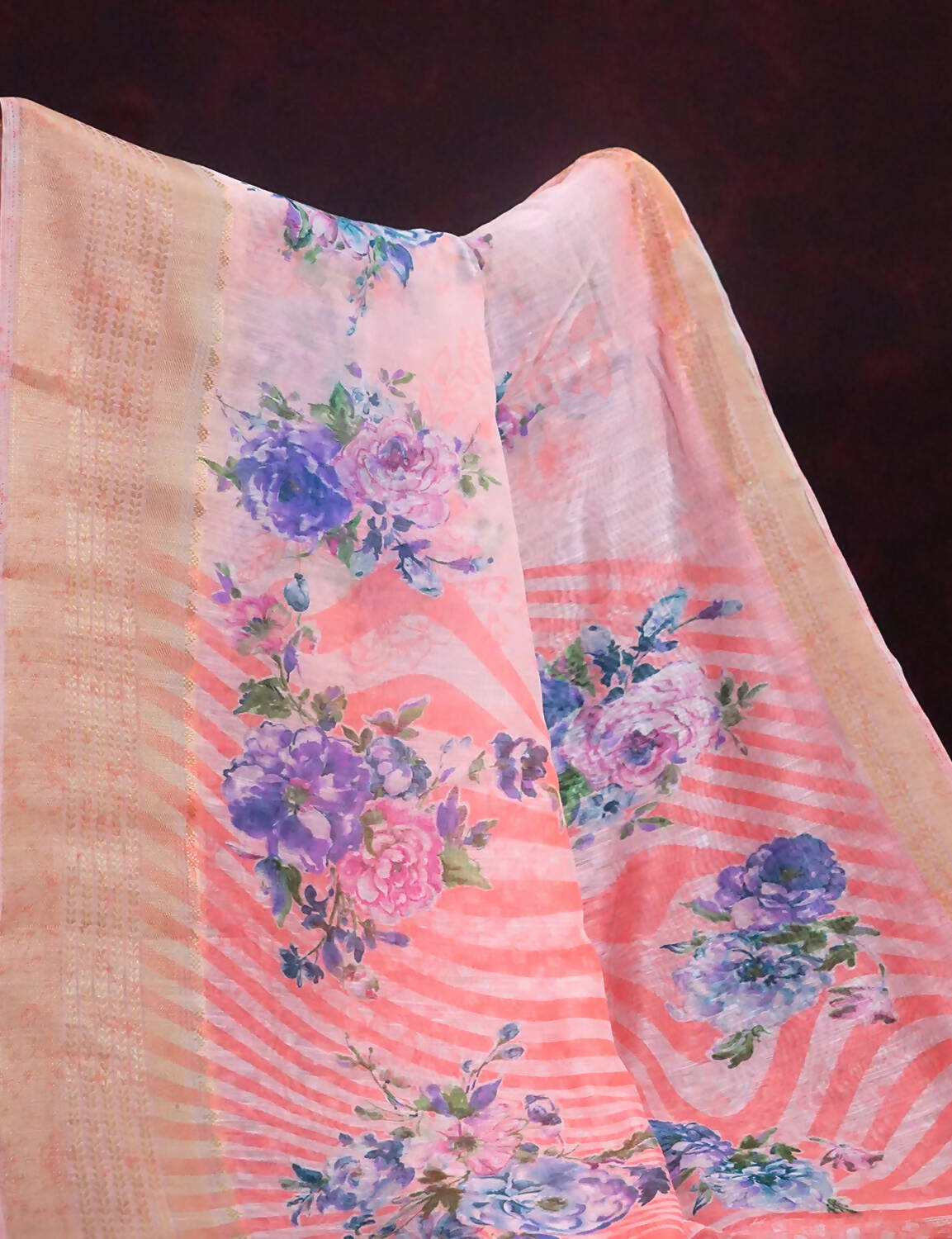 Combination Shades Of Peach Pink With Floral Design Semi Chanderi Saree By Gayathri Reddy Designer Studio