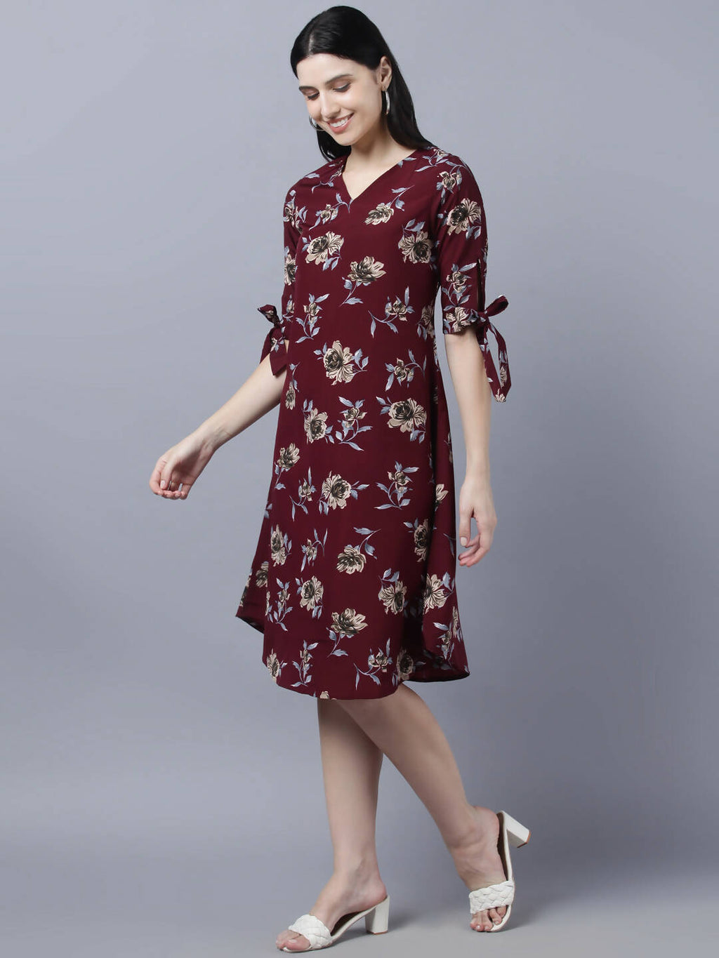 Myshka Women Burgundy Beige Floral Print A-line Dress