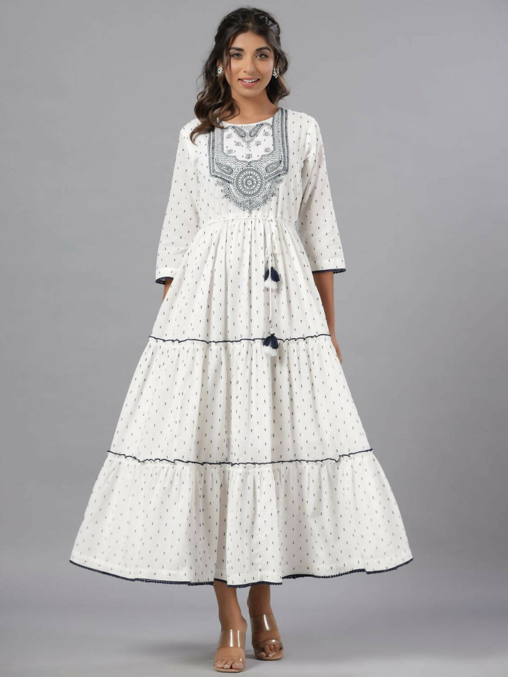 Juniper Women Off-White Cotton Dobby Embroidered Tiered Maxi Dress