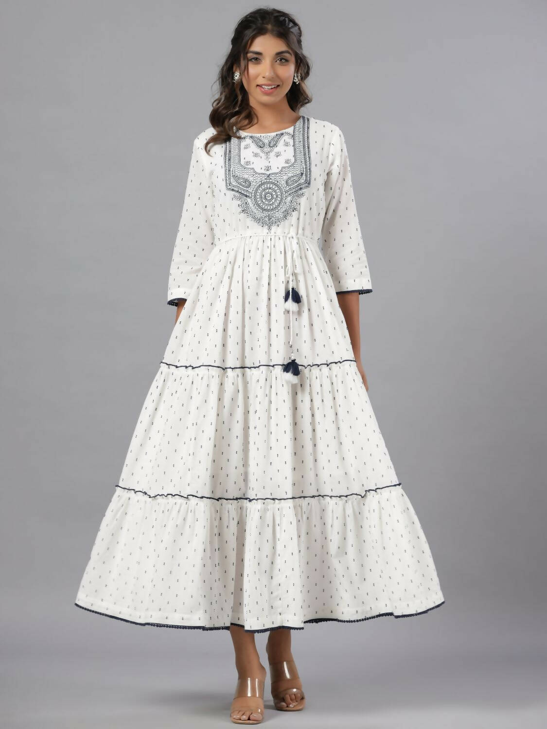 Juniper Women Off-White Cotton Dobby Embroidered Tiered Maxi Dress