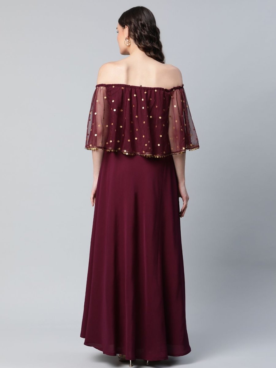 Ahalyaa Women Wine Colour Crepe & Net Gold Printed Dress