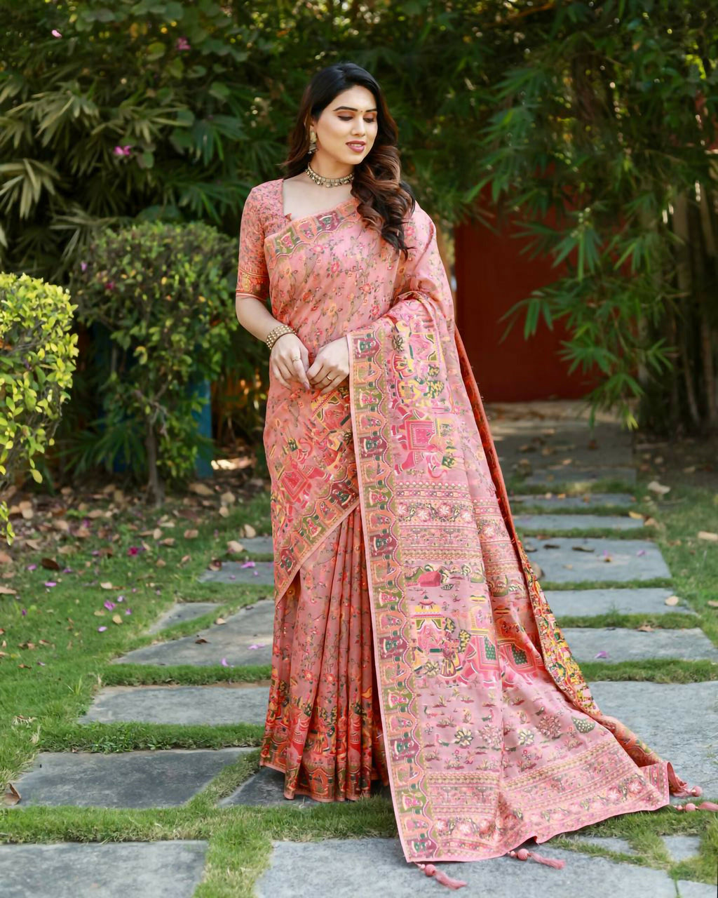 Vastranavya Luxury and Beautiful Soft, Smooth, Flowing Original Pashmina Soft Cotton Saree with Matching Blouse Fabric - Peach