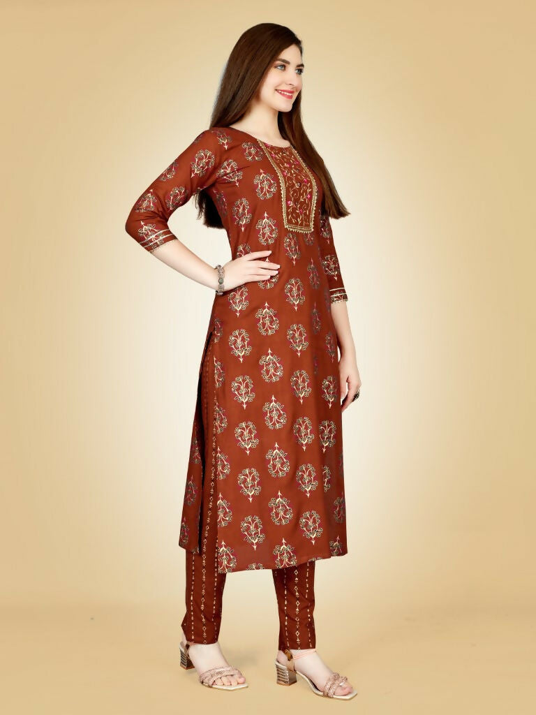 Jyoti Fashion Women's Rust Viscose Rayon Embroidered Kurta Pant Set