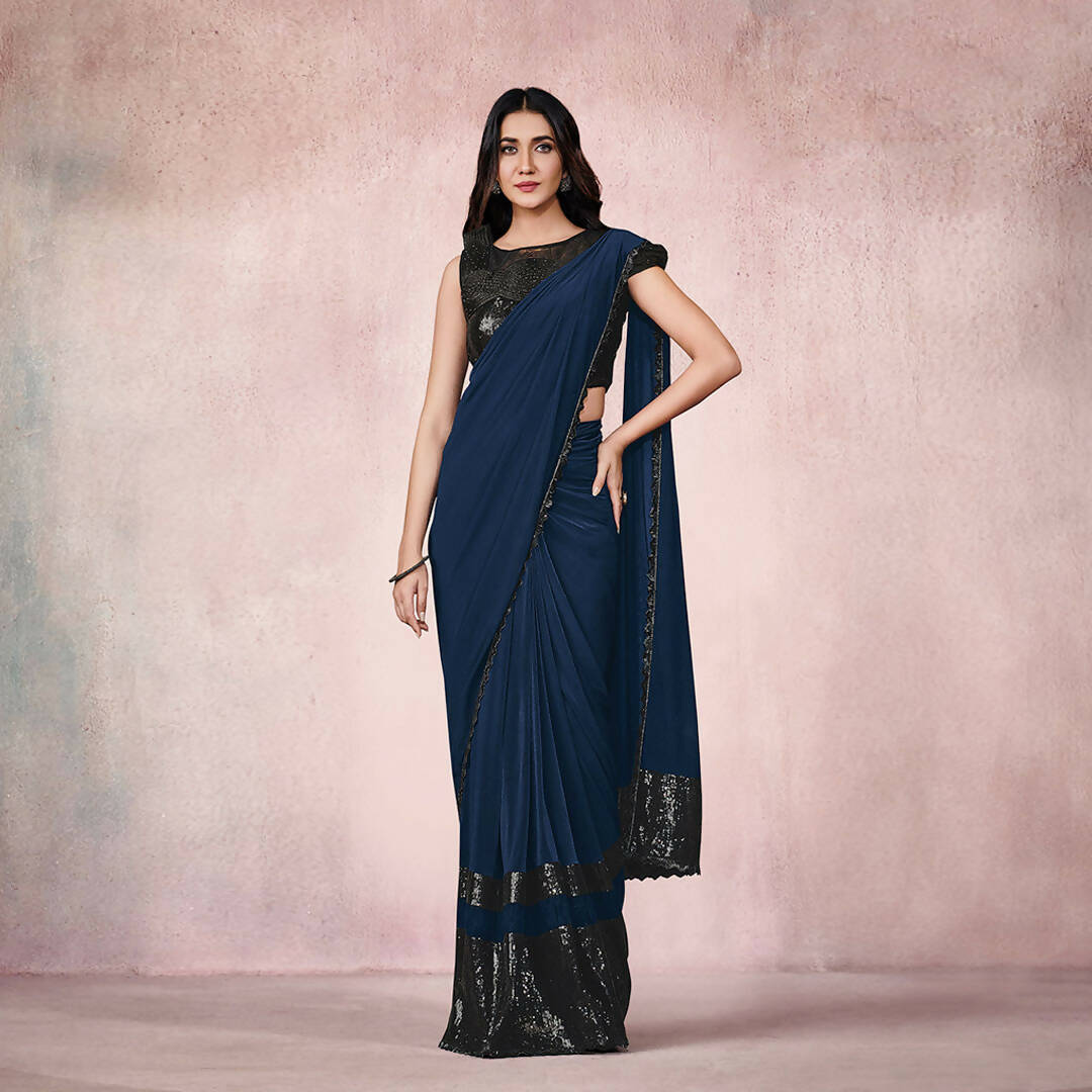 Blue Lycra Embroidery Designer Saree With Blouse - Mohmanthan Sitaarah