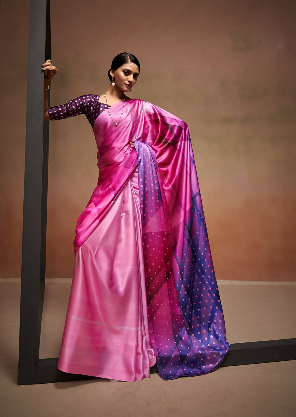 Pink Satin Digital Printed Saree with Unstitched Blouse Piece - Jodha