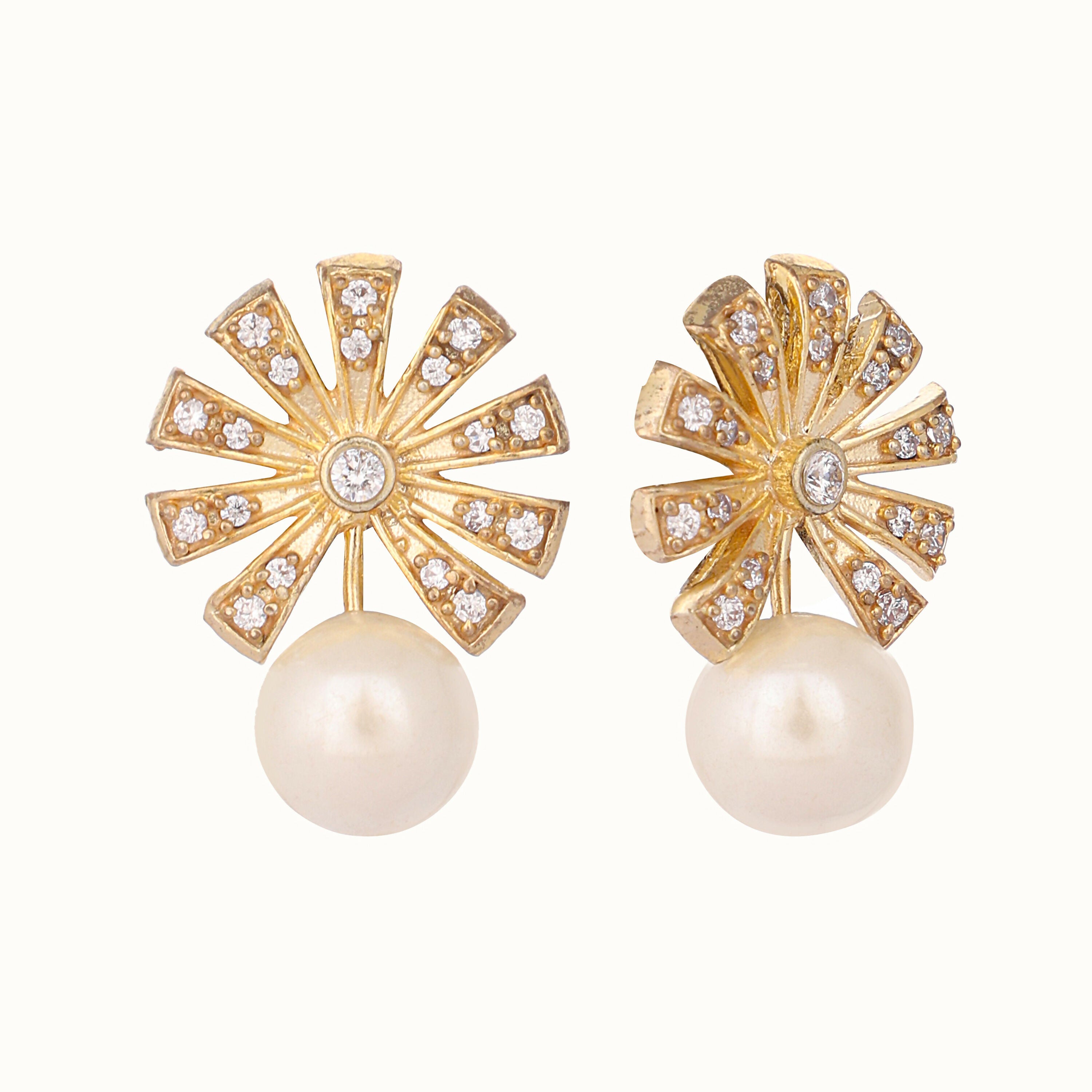Nuyug 22K Gold-Plated Pearl Drop Zircon Floral Shaped Mini Stud Earrings