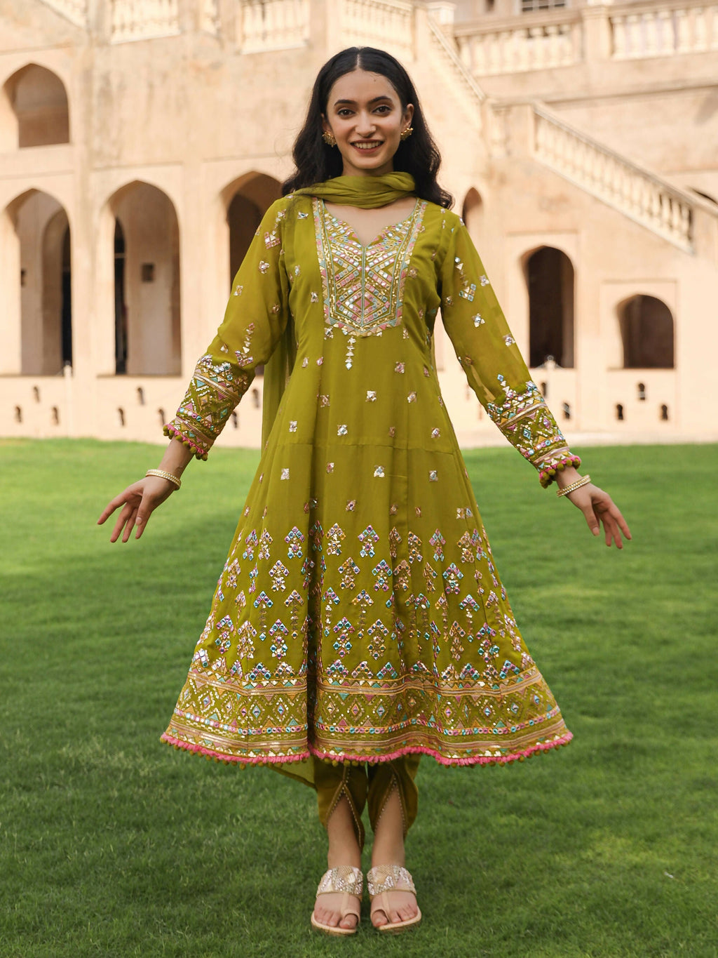 Juniper Women's Green Thread Embroidered Georgette Kurta Dhoti Pant & Dupatta Set With Mirror Work & Sequins