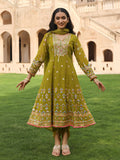 Juniper Women's Green Thread Embroidered Georgette Kurta Dhoti Pant & Dupatta Set With Mirror Work & Sequins