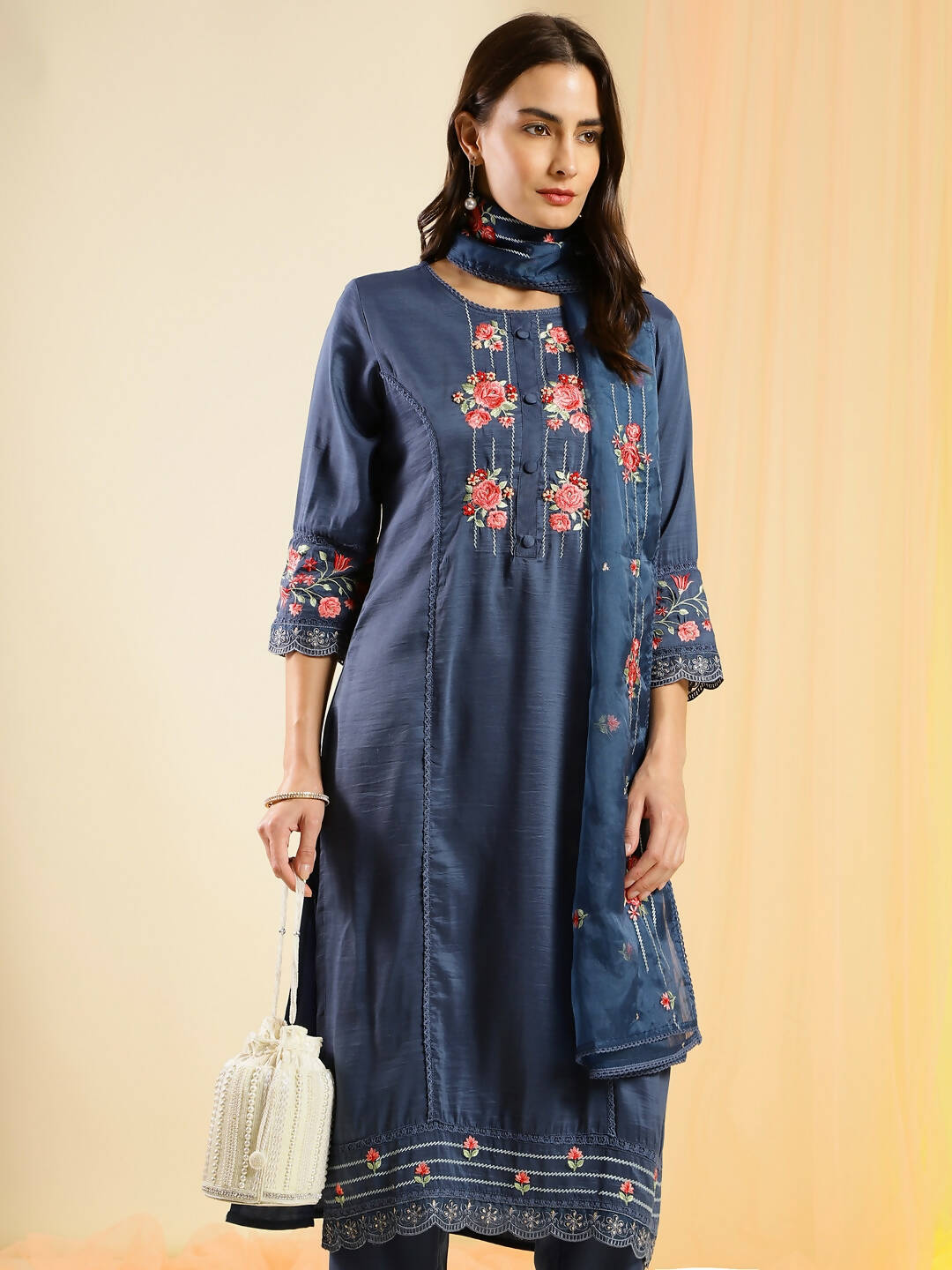 Navy Blue Chinon Embroidered Straight Kurta with Trouser & Dupatta - Salimar