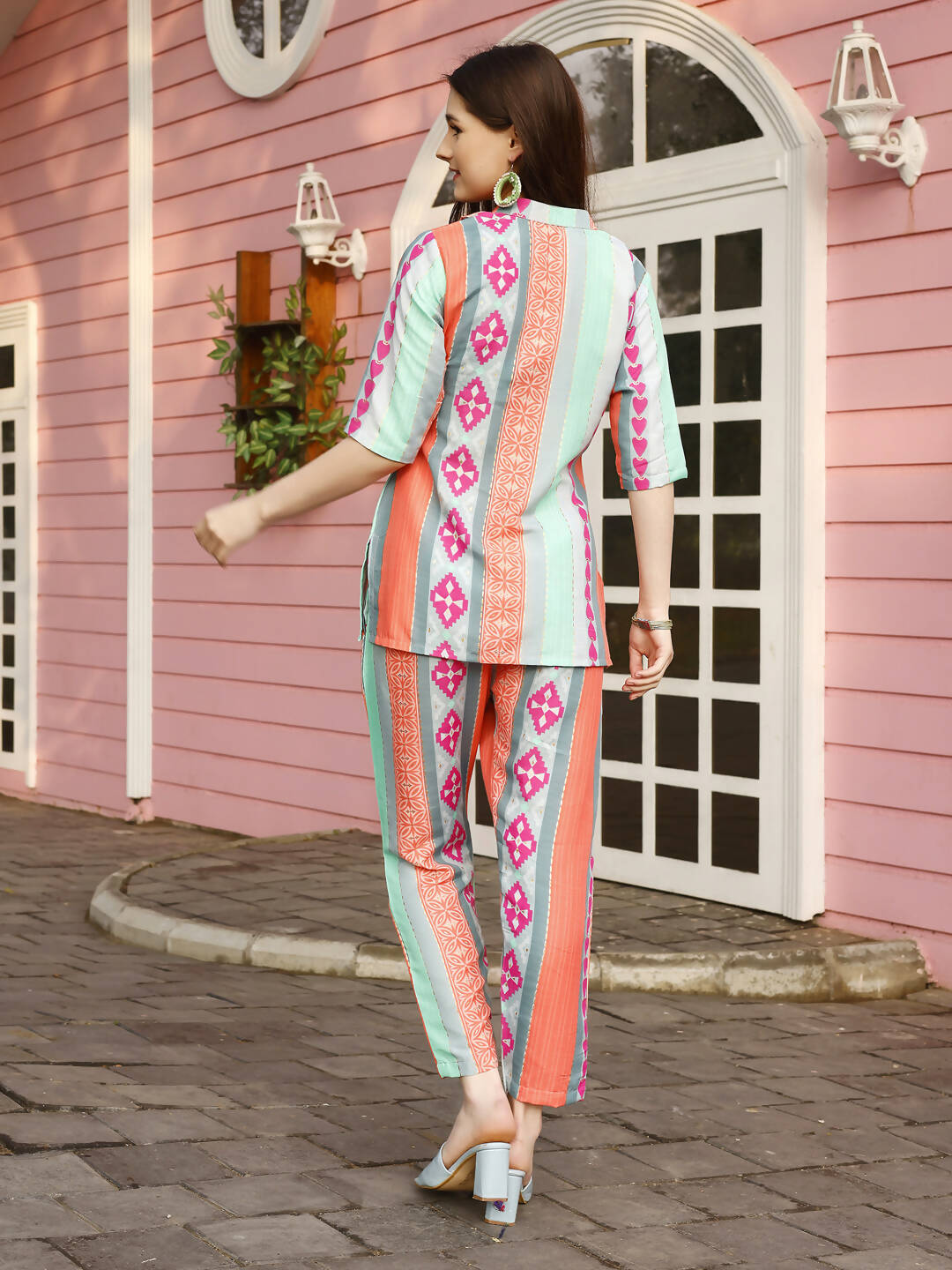 Orange & Blue Rayon Geometric Printed Top with Matching Bottom - Eesha