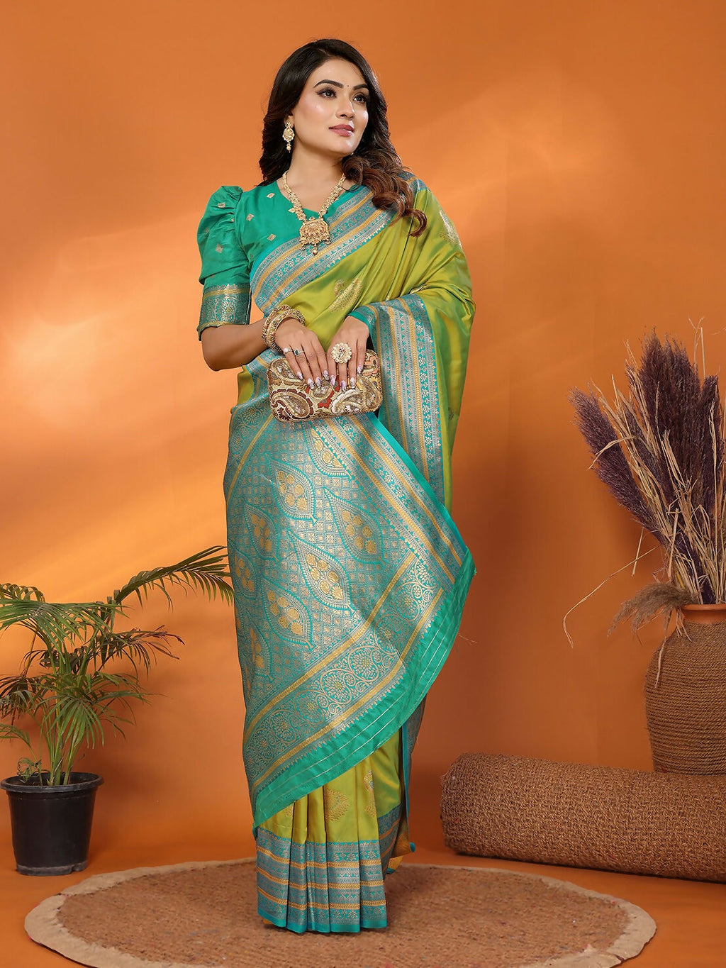 Joban Fashion Banarasi Light Green Small Butti Soft Silk Saree