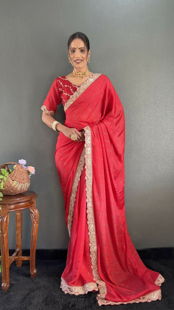 Vastranavya Red Georgette Silk Swarovski & Heavy Lace Work Ready to Wear Saree