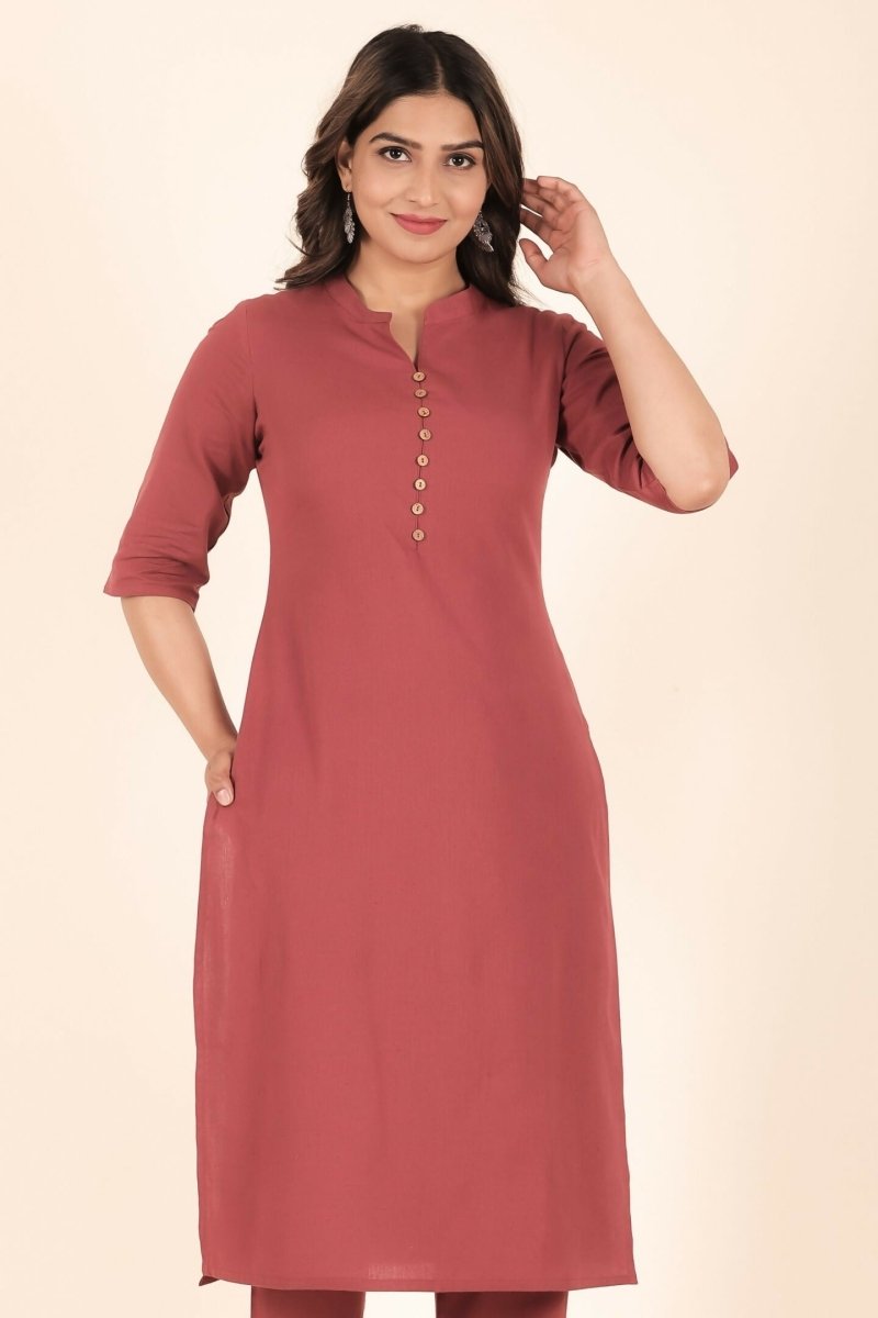 Aramya Pink Linen Cotton Solid Straight Kurta for Women