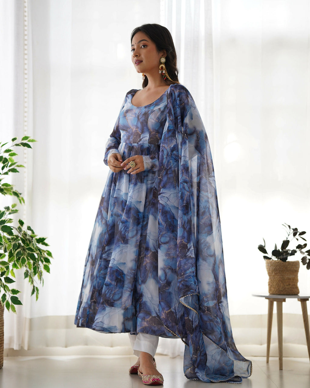 Joban Fashion Navy Blue Kurta Set Organza Sequin Embroidery Work
