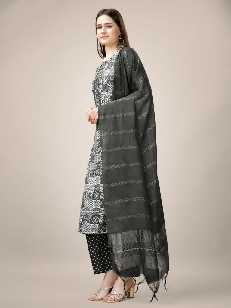 Jyoti Fashion Women's Black Rayon Print with Embroidery & Fancy Lace Work Kurta with Trouser & Dupatta