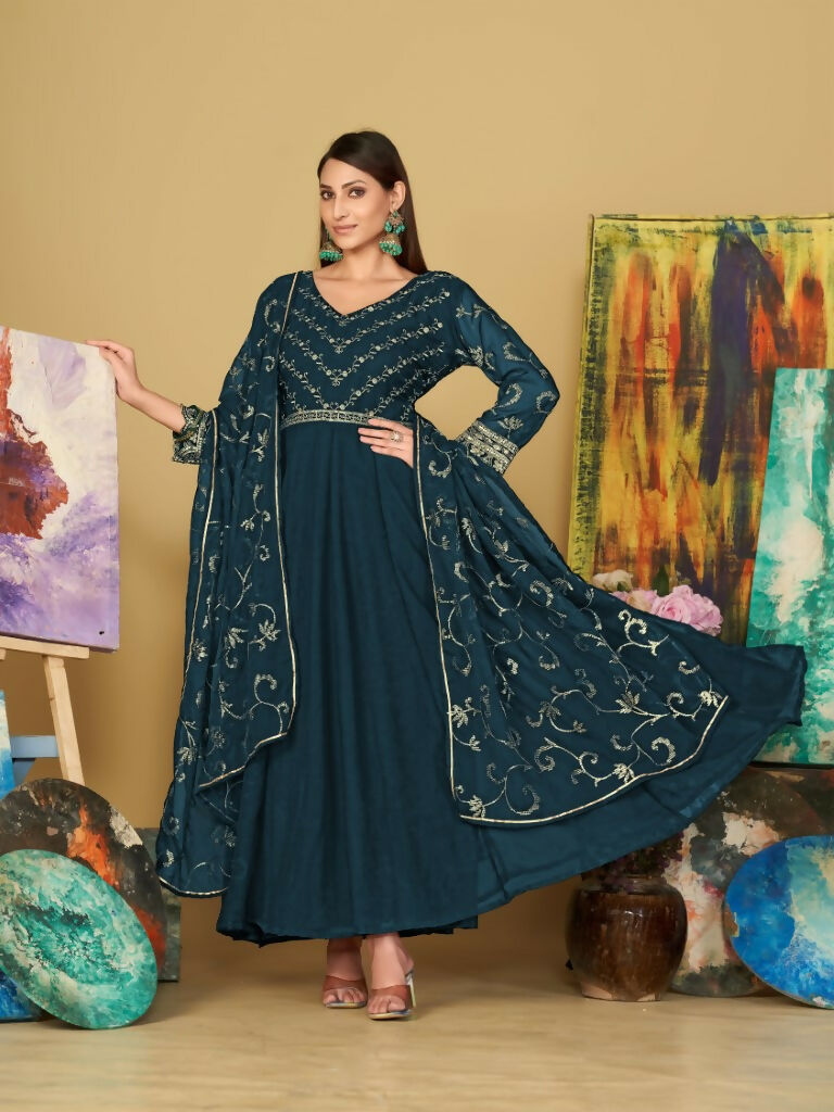 Jyoti Fashion Women's Teal Georgette Embroidered Anarkali Kurta Pant Set With Dupatta