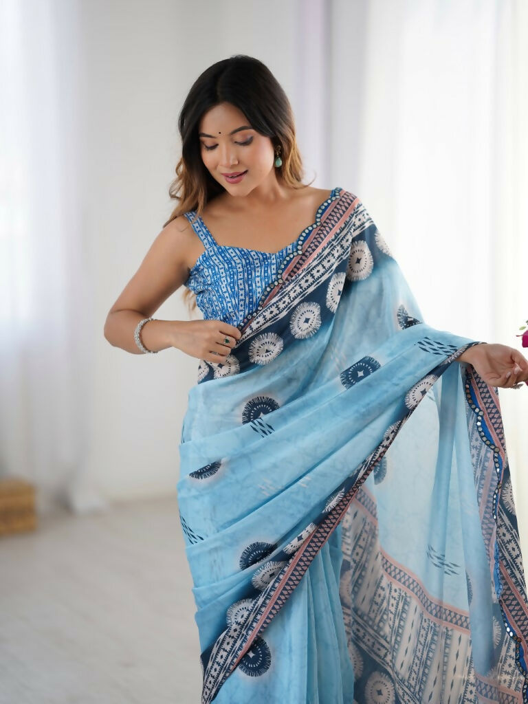 Blue Chinon Designer Digital Printed,Mirror Cut Work Saree - Elayna