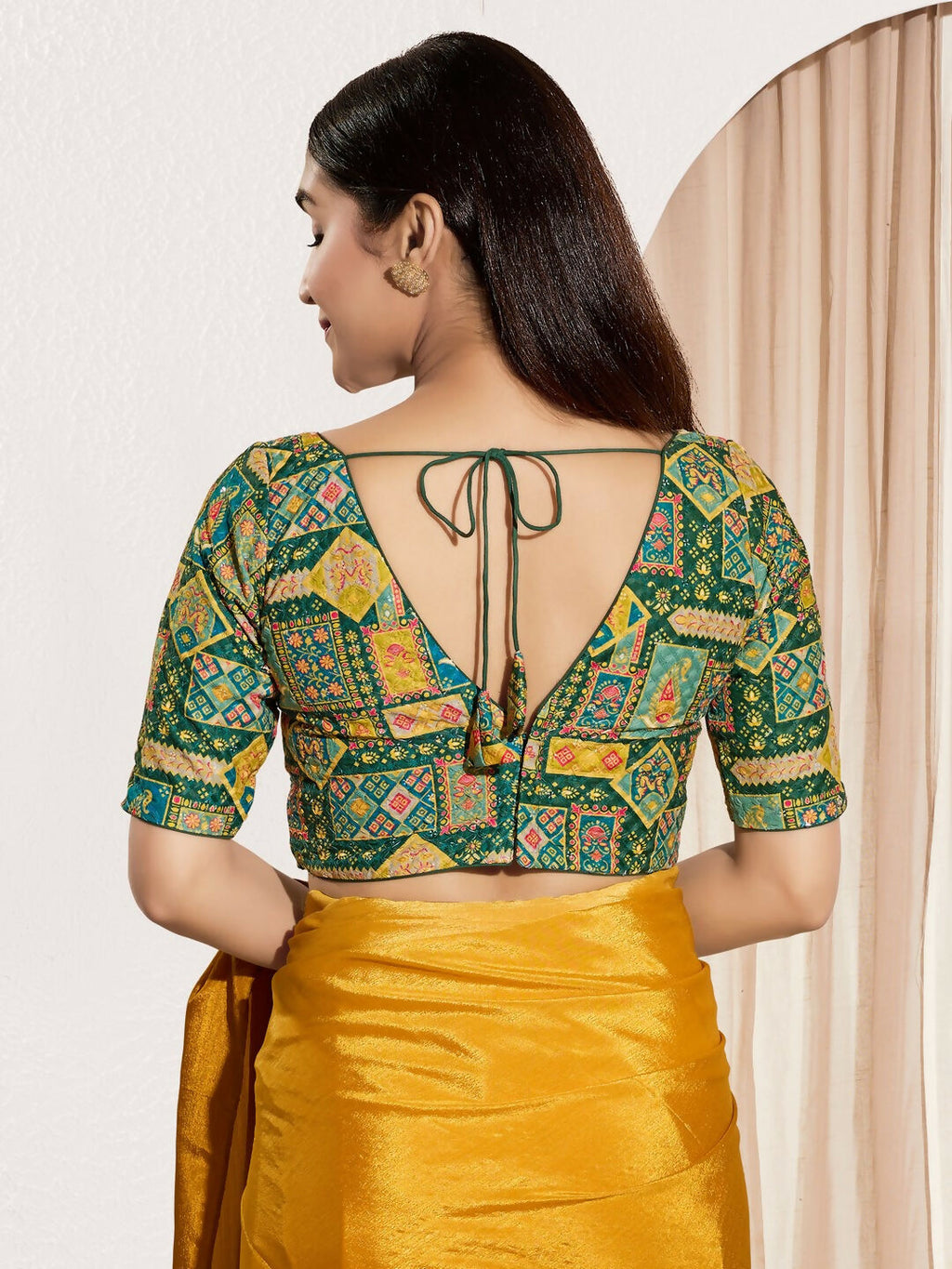 Joban Fashion Bottle Green Viscose Rayon Padded Blouse With V Neck Elbow Sleeves