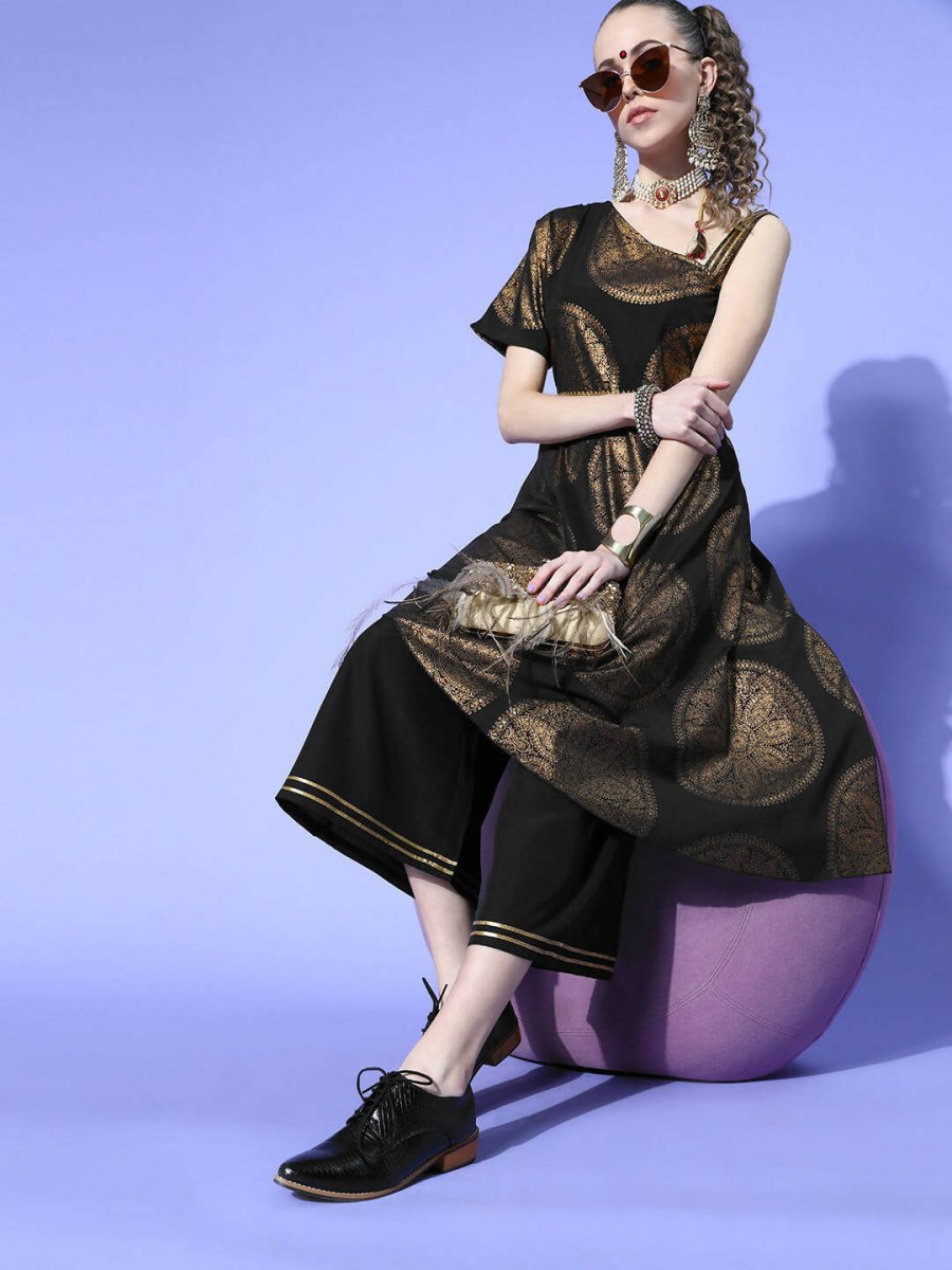 Ahalyaa Women Black Colour Crepe Printed Top Palazzo Set