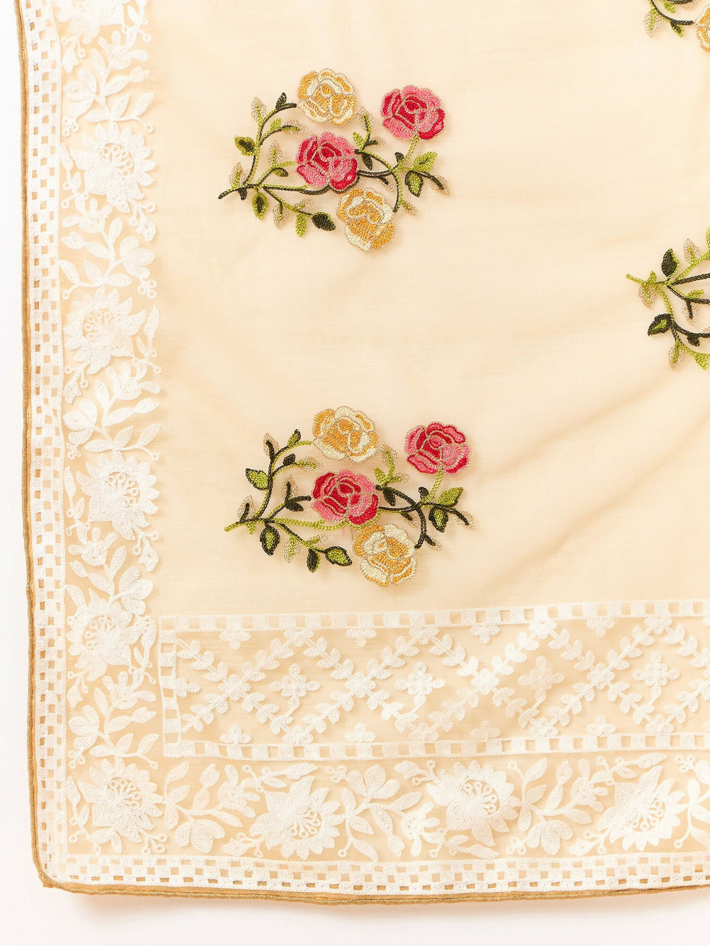 Beige Organza Floral Embroidered Saree with Unstitched Blouse Piece - Roozal