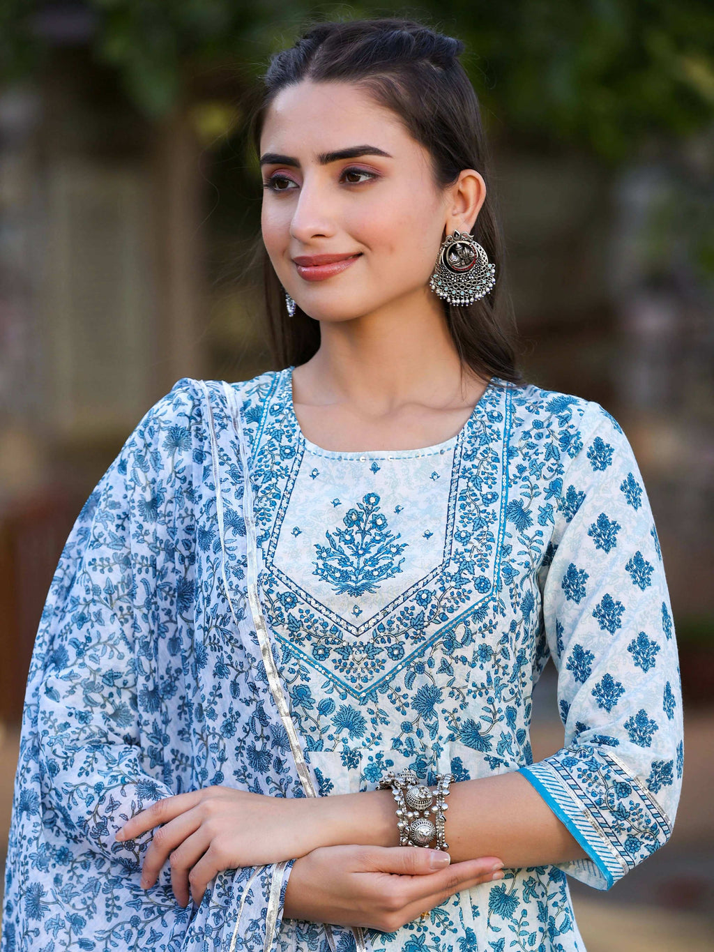Juniper Women's Blue Cotton Cambric Floral Placement Printed Anarkali Kurta Sharara & Dupatta Set