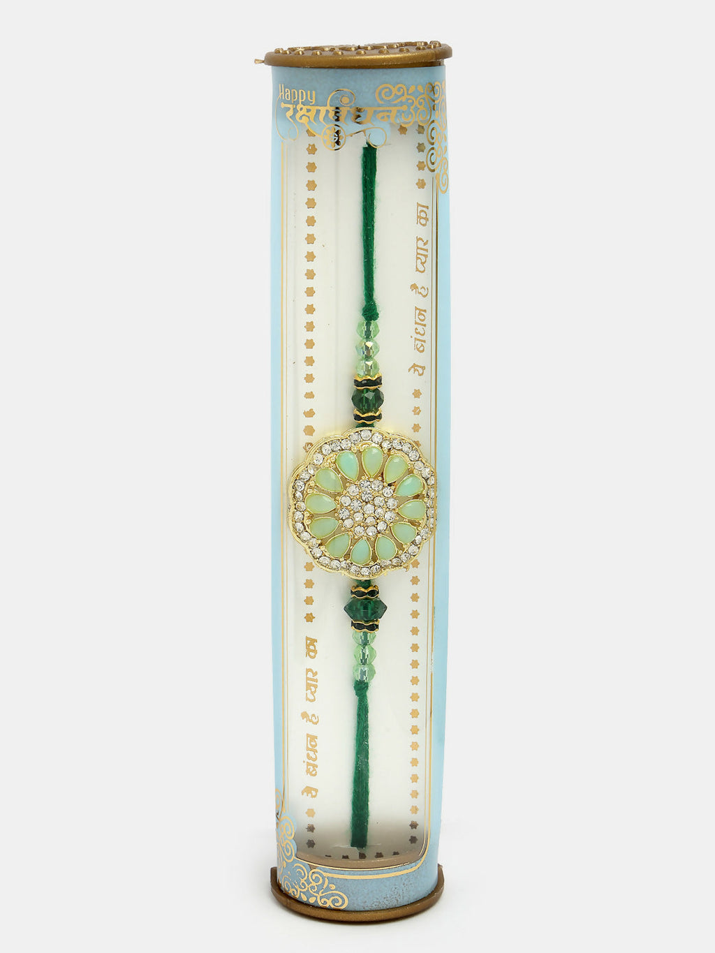 NVR Men Green Stone-Studded Rakhi With Roli Chawal & Chocolate