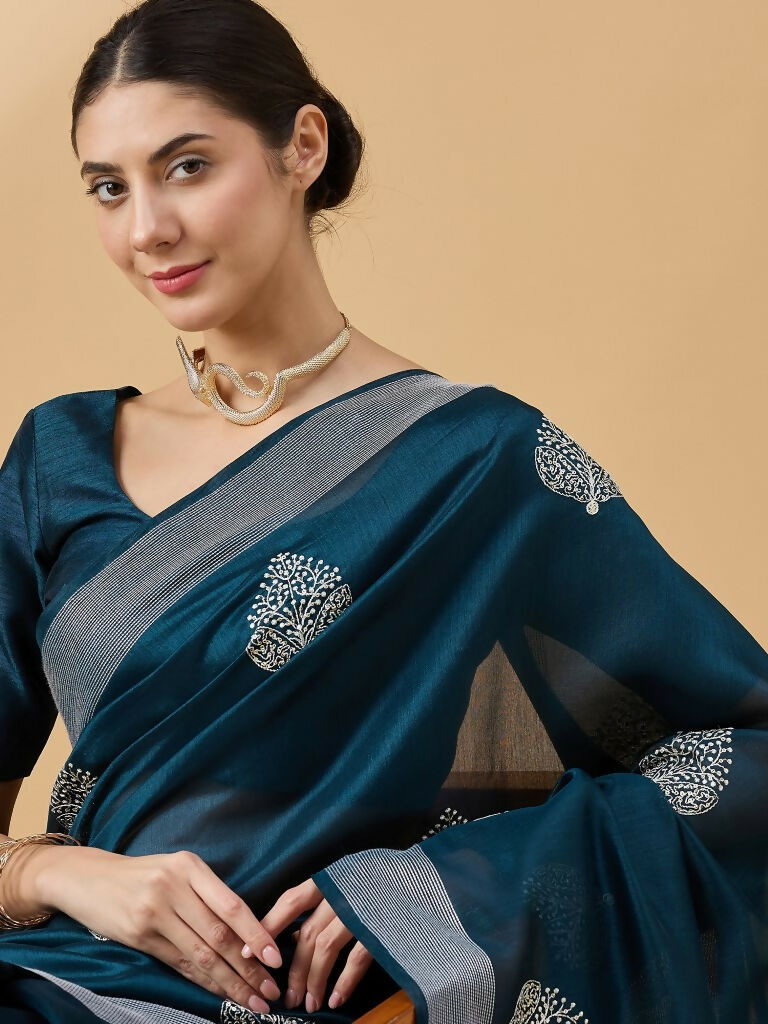Teal Cotton Blend Thread Embroidered Saree with Unstitched Blouse - Satya