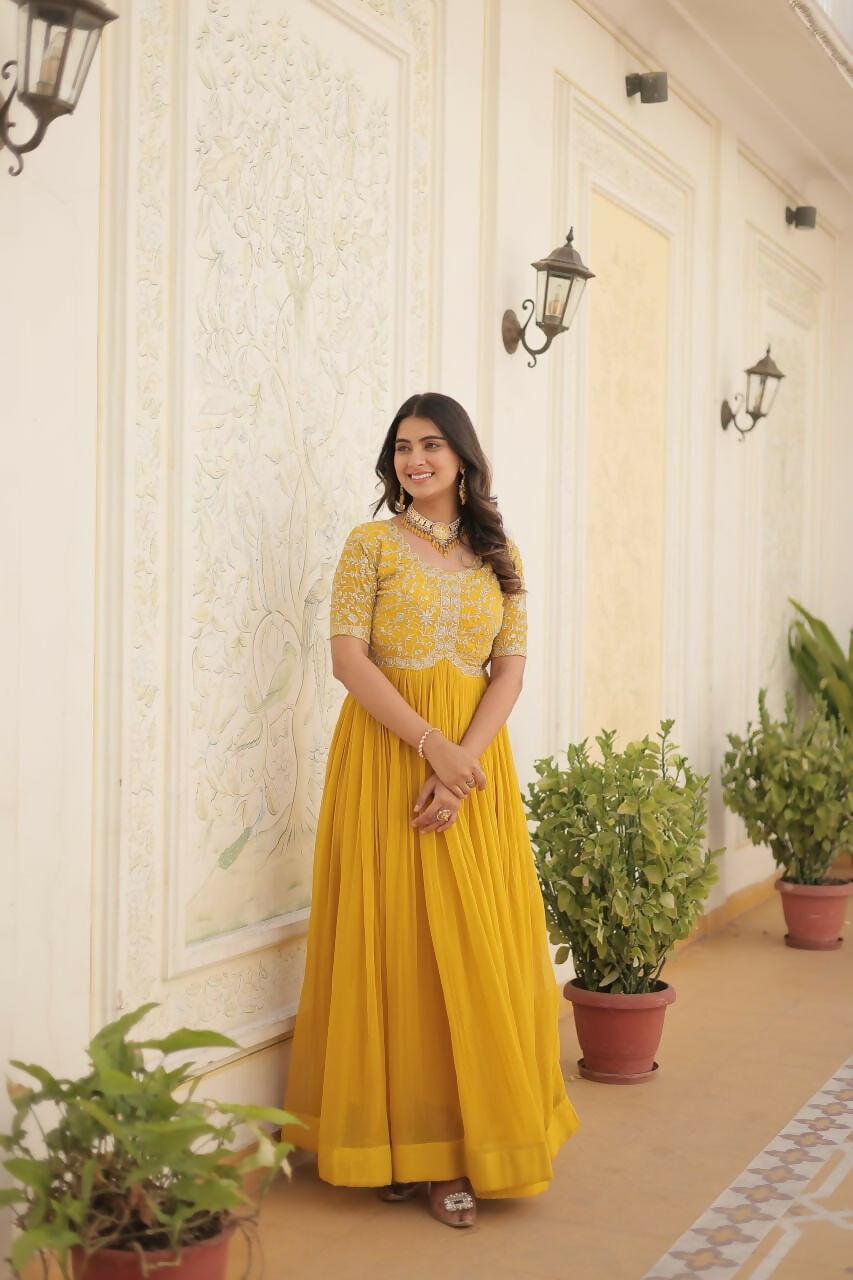 Vastranavya Faux Blooming with Embroidery Zari Sequins-work Gown - Yellow