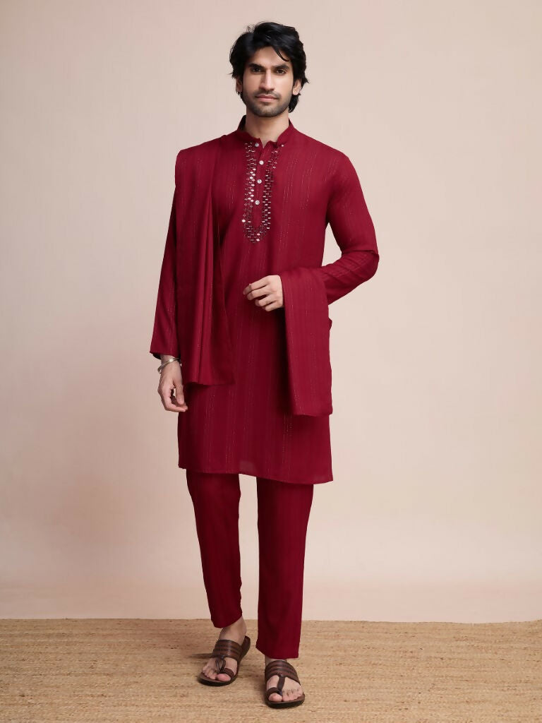 Vastranavya Traditional Festival Wear Viscose Thread & Sequence Embroidered Work Kurta Pant Set - Maroon