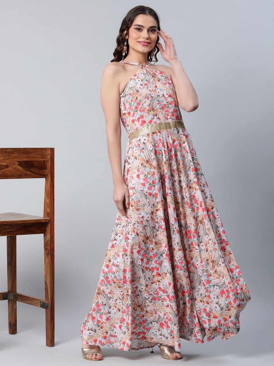 Ahalyaa Women Crepe Printed Classic White Romantic Florals Dress