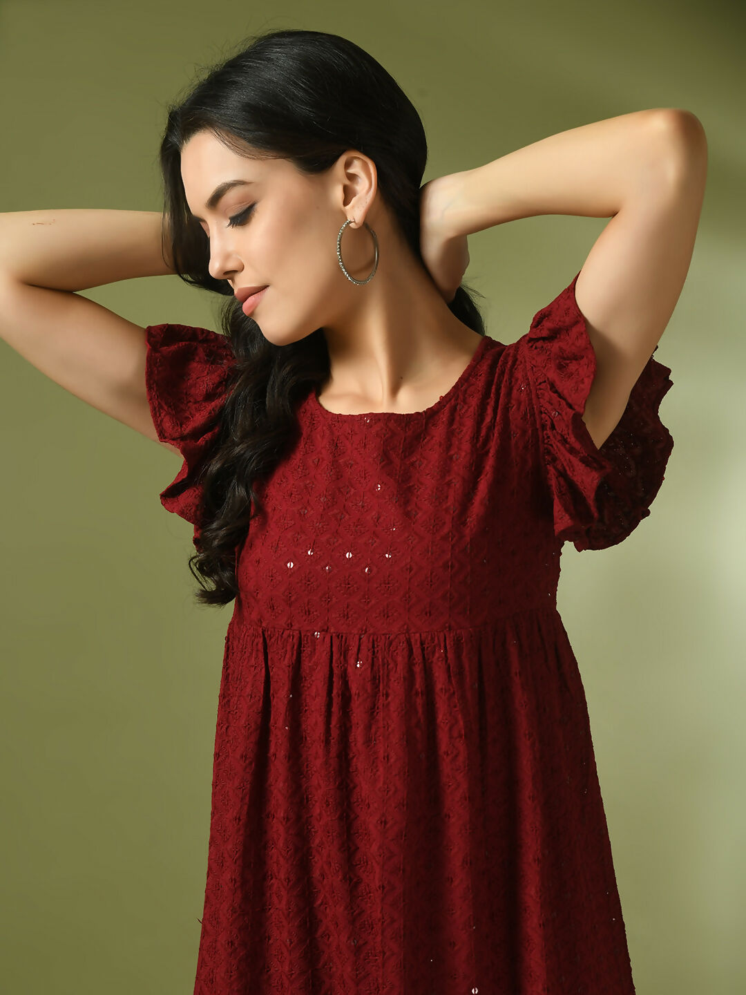 Myshka Women's Maroon Embroidered Cotton Round Neck A-Line Party Dress