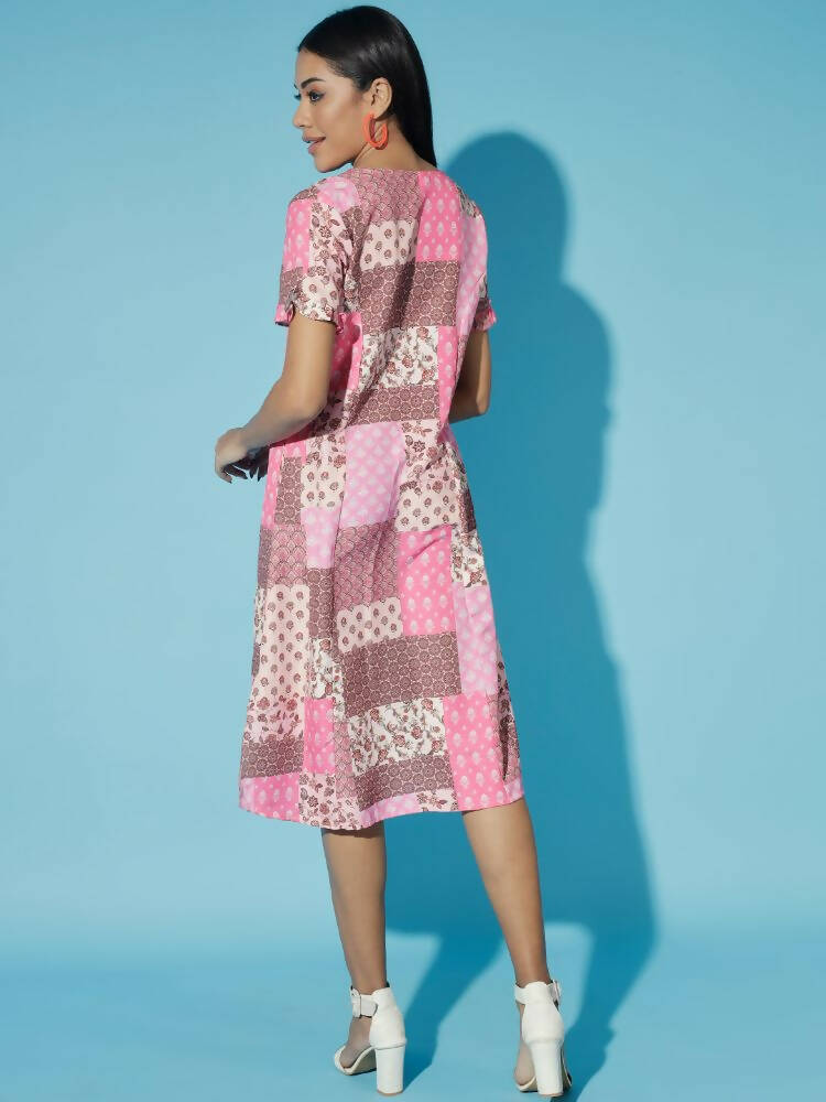 Myshka Women Multi Geometric Rayon A-Line V-Neck Dress
