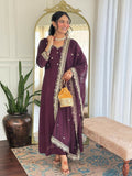 The52 Wine Women's Gorgeous Vichitra Silk Fabric Embroidered Work Flared Anarkali Pant and Dupatta Set
