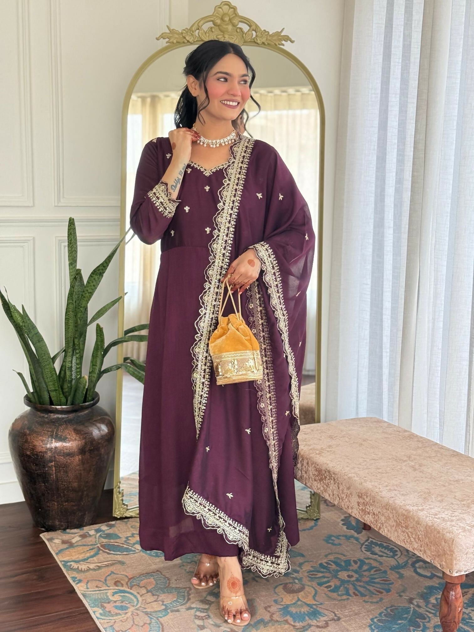 The52 Wine Women's Gorgeous Vichitra Silk Fabric Embroidered Work Flared Anarkali Pant and Dupatta Set