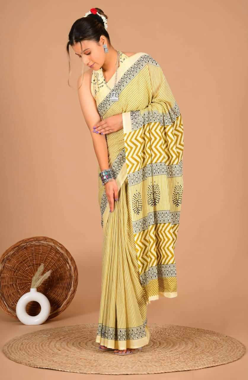 Exclusive Collection Yellow Beautiful Mulmul Cotton Saree
