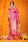 Jyoti Fashion Women's Rani Pink Kanjivaram Silk Zari Woven Saree with Blouse