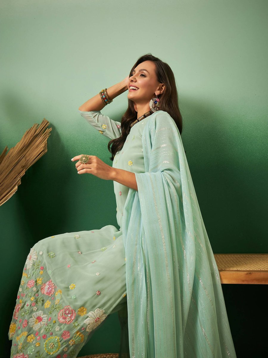 Aqua Blue Georgette Handwork Unstitched Dress Material - Hanika