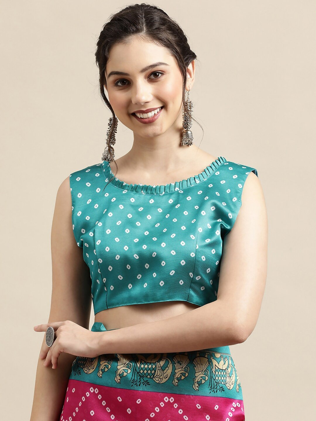 Saree Mall Pink & Teal Bandhani Printed Saree