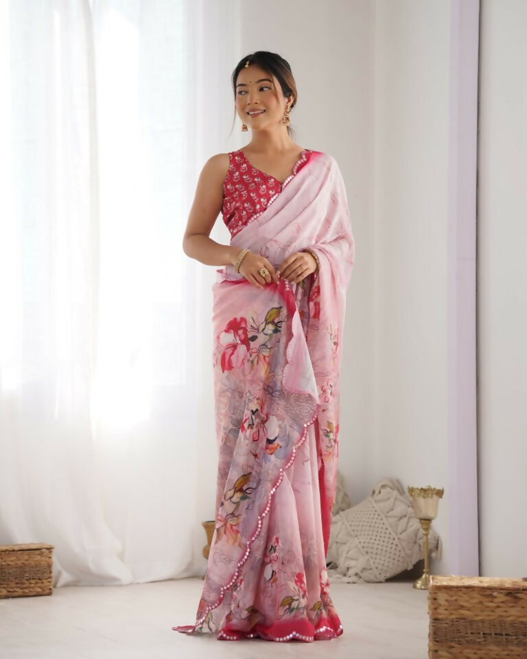 Pink Chinon Designer Digital Printed & Mirror Cut Work Saree - Kriti