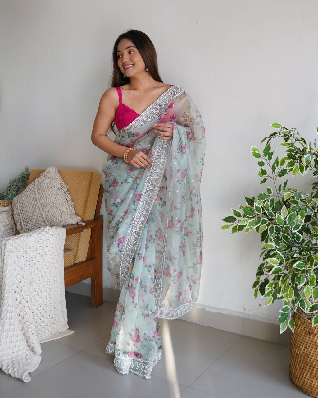Vamsee Ferry Green Organza Saree
