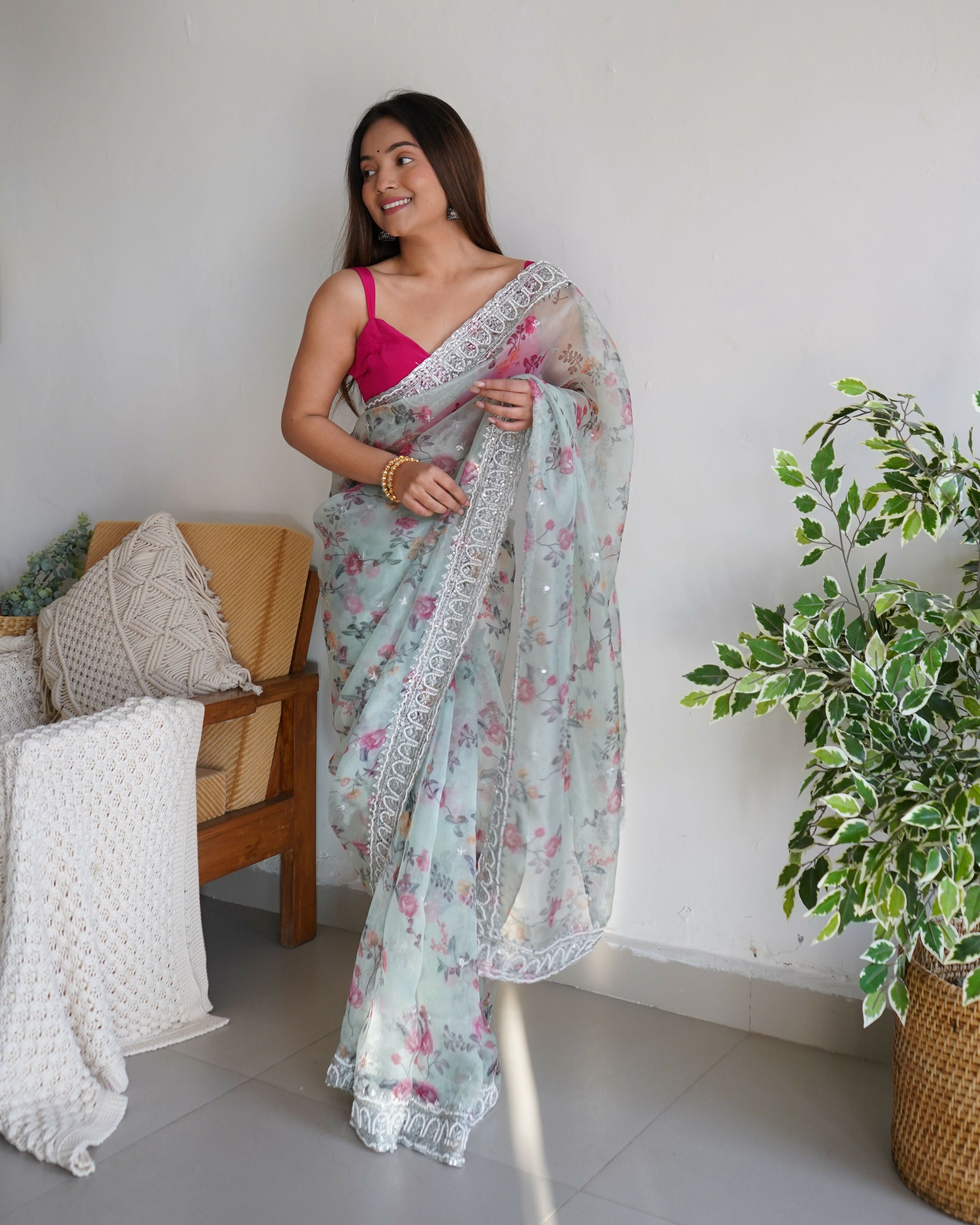Vamsee Ferry Green Organza Saree