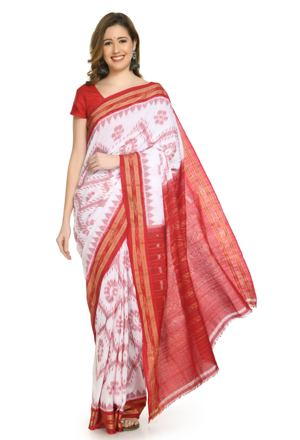 Vamika Sambalpuri Ikat Cotton Dehabandha Badafula White & Red Saree