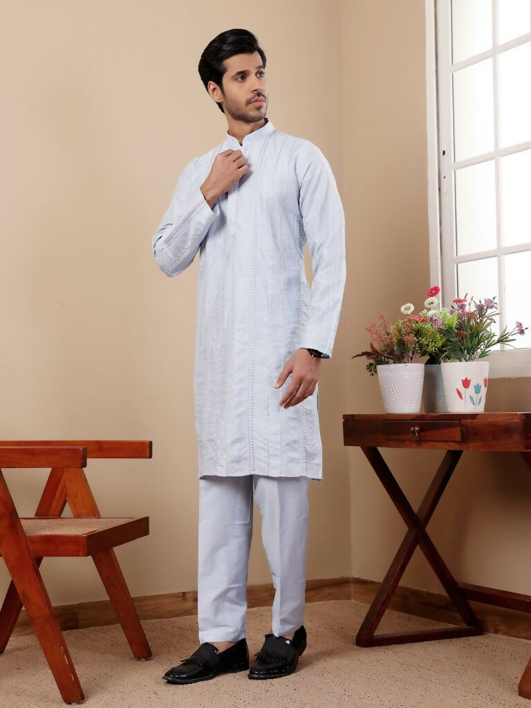 Light Blue Silk Designer Embroidery Work Men's Rajwadi Kurta Set - Mahotsav